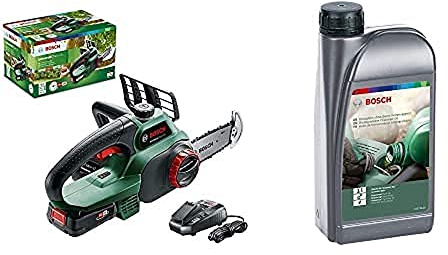 Bosch Akku Kettensäge Universalchain 18 mit 1 Liter Kettensägen-Haftöl (1 Akku, 18 Volt System, im Karton)