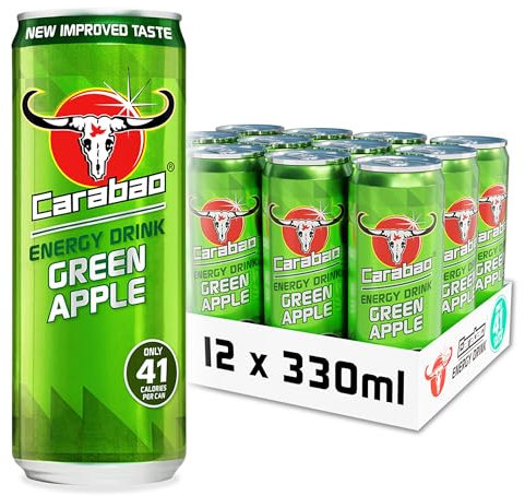 Carabao Energy Drink Green Apple, 12 x 330ml Cans Case, Low Calorie, Lower Sugar, Fizzy Fruit Flavour, Vegan, Gluten Free Drink. B Vitamins, Taurine, Caffeine with Zero Crash, Bulk Crates, Multipack