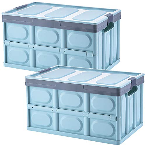 Lidded Storage Bins 2 Pack 30L Collapsible Storage Box Crates Plastic Tote Storage Box Container Stackable Folding Utility Crates for Clothes, Toy, Books ,Snack, Shoe, and Grocery Storage Bin-Blue