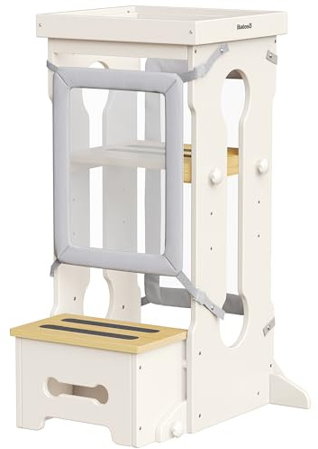 Bateso Holz Lernturm für Kinder mit 2 Abnehmbaren Schutznetzen, 4 Höhenverstellbarer Küchenhocker mit Rutschfesten Matten, Tritthocker für Kleinkinder 1-3, Kleinkind-Tritthocker für Küchentheke - Weiß