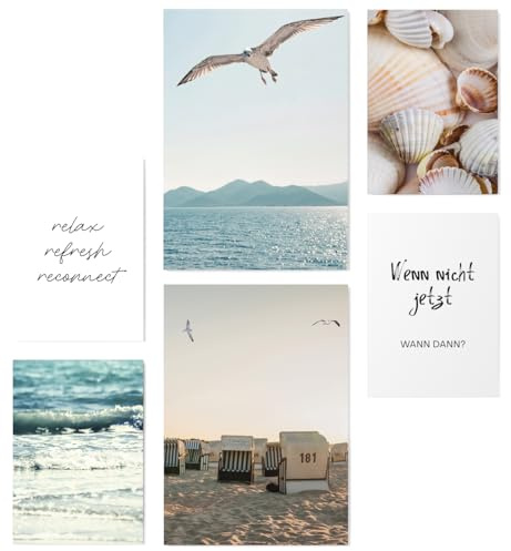 Papierschmiede® Mood Poster Set Strand und Meer, Bilder Wohnzimmer Deko Schlafzimmer, 2x DIN A4 und 4x DIN A5, Wasser Möwen Muscheln - ohne Rahmen