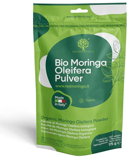 Moringa Oleifera Biologica in Polvere | Certificata BIO | Moringa Polvere con Proteine 30%, Vitamine A, B, C - 9 Amminoacidi, Calcio e Minerali | Made in Italy 175 g | RedMoringa