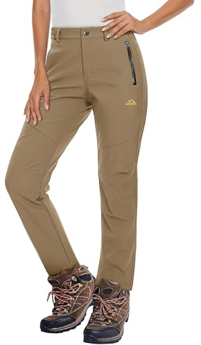 MAGCOMSEN Womens Fleece Lined Waterproof Insulated Softshell Outdoor Snow Ski Pants Winter Warm Hiking Pants Khaki L