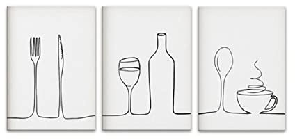 ZHONGYUTONG Minimalistisches Wandbild für die Küche 3-teilig Messer Gabel Löffel Tasse Weinlinie Wanddekoration Schwarz Weiß Leinwanddruck Poster Esszimmer Gemälde (30x40cm Kein Rahmen)
