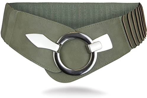 with love, Vanessa & Melissa Elastischer Damen Taillengürtel, ca. 6 cm breiter Hüftgürtel mit silberner Ring-Schließe, Stretchgürtel (75 cm (für Taillenweite 75-90 cm), Olive)