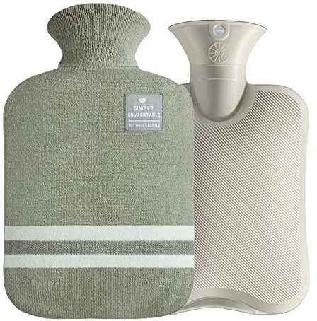 Wärmflasche mit Strickbezug, 2 Liter PVC-Wärmbeutel für heiß und kalt, Handfußwärmer, Nacken- und Schulterschmerzlinderung (Erbsengrün)