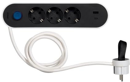 SIMON Regleta Plana 3 Tomas + 2 USB Quick Charge | Interruptor, ladrón con ordenacables, cable 1,4m, clavija extraplana lateral.