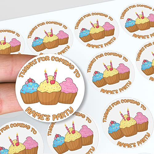 AK Giftshop Personalised Cupcake Thank You Birthday Party Stickers for Party Bags & Sweet Cones (48 Stickers)