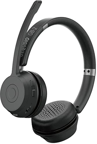GEQUDIO GB-2 Headset mit Mikrofon Bluetooth | Kopfhörer Kabellos | Passives Noise Cancelling | 2 Geräte gleichzeitig verbinden (Handy, PC, Laptop) | Wireless Headset | Standby 500h (ohne USB-Adapter)