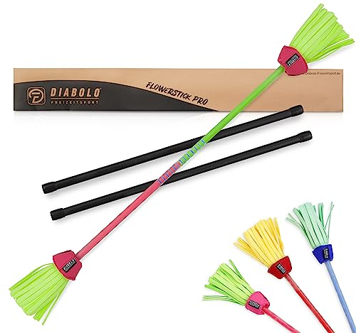 Diabolo Freizeitsport Flowerstick Pro (grün-pink) - Flowerstick aus Fiberglas inkl. 2 Handstäben, UV reaktiv, handbemalt, Festival-Hingucker, ideal für Fortgeschrittene und Profis