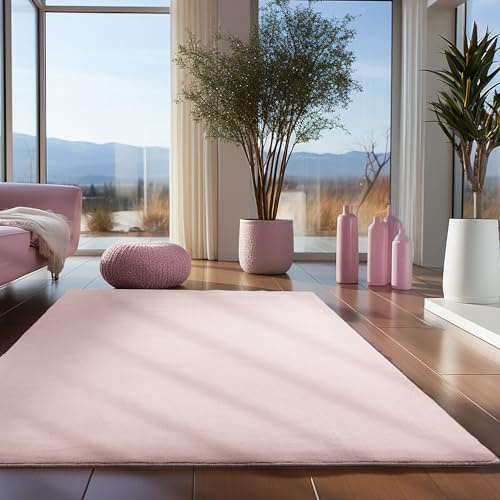 Teppium Waschbarer Teppich Wohnzimmer, Kurzflor rutschfest Flauschig Weich, Einfarbig Rosa, Felloptik, Super Soft, Grösse 60 x 110 cm