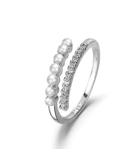 Elegant Pearl Open Stacking Ring Sterling Silver S925 Crystal CZ Climber Eternity Engagement Statement Rings Dainty Wrap Tail Finger Band Cute Jewelry Gifts for Women Girls Adjustable (Silvery)