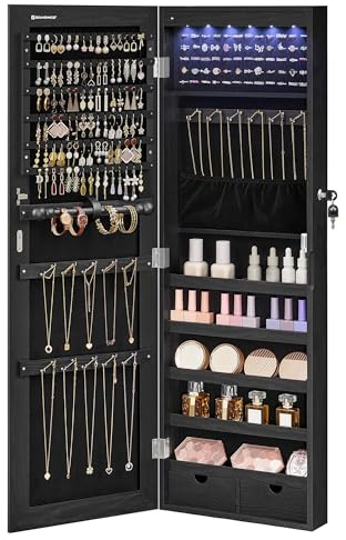 SONGMICS Hanging Jewelry Cabinet, Wall-Mounted Cabinet with LED Interior Lights, Door-Mounted Jewelry Organizer, Full-Length Mirror, Gift Idea, Ink Black UJJC099B01