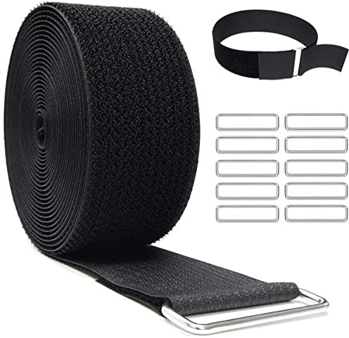 YMCRLUX 2 x32ft Reusable Cinch Strap with 20 Metal Buckles, Cut-to-Length Fastening Securing Straps, Adjustable Nylon Cable Straps and Cord Ties for Organizer or Storage, 2 inch Wide, Black