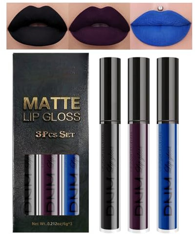 Matte Lip Gloss Set, 3Pcs Black Blue Purple Matte Liquid Lipstick Sets, Waterproof Long Lasting Matte Lipstick Lip Stain, High Pigment Black Lipgloss, Lipstick Gift Sets for Women