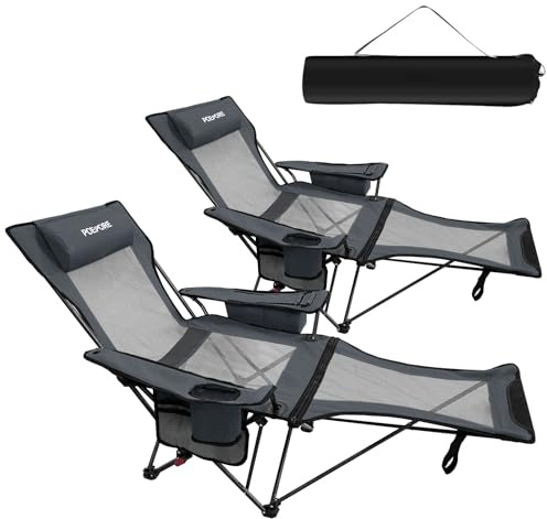 POEPORE Campingstuhl 2er Set Faltbar mit Fußstütze 4-Fach Campingstühle Strandstuhl Liegestuhl für Erwachsene 120kg Verstellbarer Klappbarer Angelstuhl mit Kühltasche Kissen Getränkehalter Grau