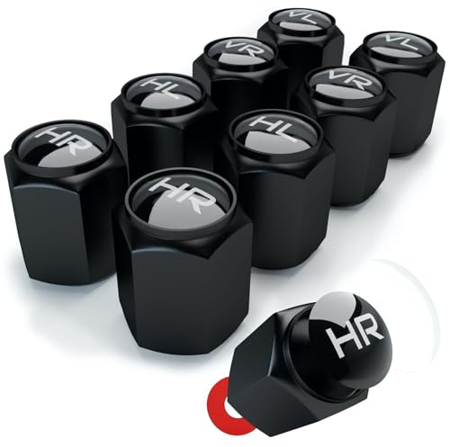 Ventilkappen Auto mit Beschriftung 8er Set, Autoventil Kappe, Ventilkappen mit Kennzeichnung, im Bucket-Black-Look, Intelligente Reifen Markierung - Rostfrei Abs-Kunststoff
