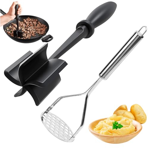 Bwetomk Potato Mashers + Mince Masher Meat Chopper with 5-Blade Head, Heavy Duty Stainless Steel Masher Free Mashing Dishwasher Safe Kitchen Gadget Ideal for Smooth Mashed Potatoes Vegetables Fruits