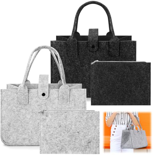 Draupnir 4 Stück Filztaschen Shopper, 2 Filz Einkaufstasche 30x20x18cm, Faltbar Tragetasche Bag mit 2 Filztasche Kleine mit Reißverschluss für Einkaufen, Ausgehen, Aufbewahrung, Hellgrau Schwarz