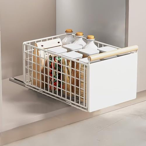 Pull Out Cabinet Organiser, pull out kitchen storage Foldable, 23.5*19.5*39.5~56.5cm, Kitchen Cupboard Organiser with Handle, No Drill Adjustable Drawers, Slide Out Drawers for Kitchen Cabinets,White