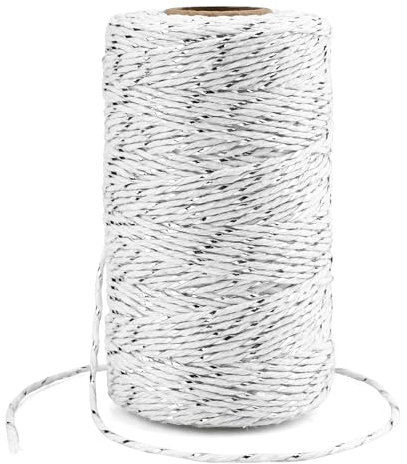 KINGLAKE Ficelle de Noel 2mm - 100M Corde Coton Blanc avec Fil Argenté, Corde en Macramé pour Pâtisserie, Cuisine, Bricolage, Emballage Cadeau de Noël et Décoration
