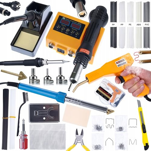 Rosfix Set – Stazione di saldatura 2 in 1, tipo di ferro da stiro, utensile per pinzatura in plastica, 80 W, 600 W, 5 tipi di plastica, riparazione e saldatura, riparazione elettronica e plastica