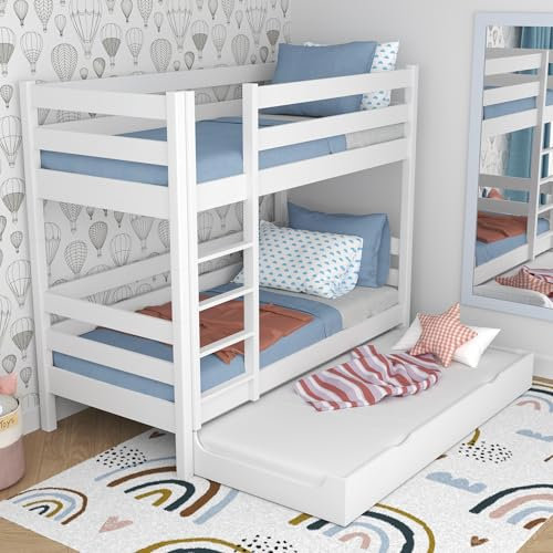 N-wood N01 Etagenbett mit Ausziehbett 80x180 cm, 2 getrennten Betten Funktion, 2 Leitermontageseiten, abgerundete Kanten, Stabile Massivholzkonstruktion, Hochwertige Materialien, Weiß