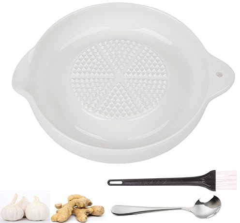 KICPUK Keramikreibe, Keramik-Ingwerreibe, Knoblauchreibe, Ingwerreibe, Gewürzreibe,Für Ingwer, Knoblauch, Muskatnuss, Sellerie, Karotten, Senf, mit Bürste + Löffel, Durchmesser 9cm (Weiß)