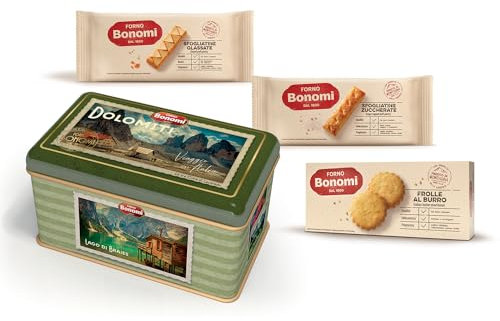 Forno Bonomi, biscotti assortiti in una scatola regalo di latta dedicata alle Dolomiti. La migliore selezione della nostra pasticceria in una confezione rettangolare da 420 grammi.