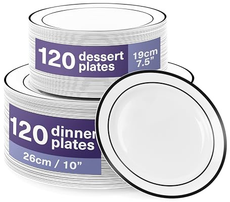 MATANA 240 Premium Weiße Plastikteller mit Schwarzem Rand, 2 Größen - Unzerbrechliche & Mehrweg Kunststoffteller, Partyteller für Hochzeiten, Geburtstage, Partys - Elegantes & Stabiles Partygeschirr
