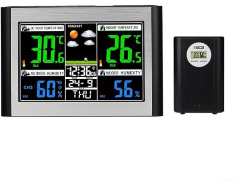 Stazione meteo wireless, display colorato, stazione meteo wireless con sensore esterno, temperatura e umidità monitor wireless con barometro (nero)