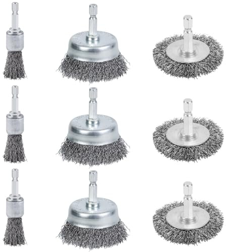 9 PCS Drill Wire Brush Set, Pen Brush Wheel Brush Cup Brush for Drill, Skilled in Handling Metal and Non-Metal Surfaces Carbon Steel Wire Brush，High Carbon Steel Wire Brush with 1/4 Hex Shank