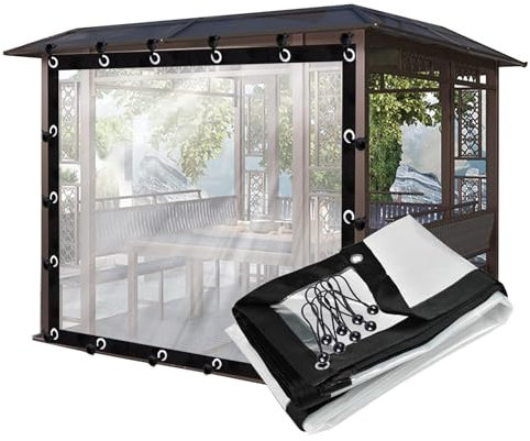 Transparente wasserdichte Outdoor-Pergola-Abdeckung mit Ösen für Balkon, Terrasse, Veranda, Pavillons, 4 x 5 m, Kunststoff-Seitenteile für Schutz und Privatsphäre