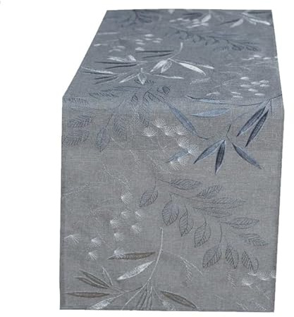 Tischläufer Mitteldecke grau Silber Stickerei Blätter, 40 x 140 cm