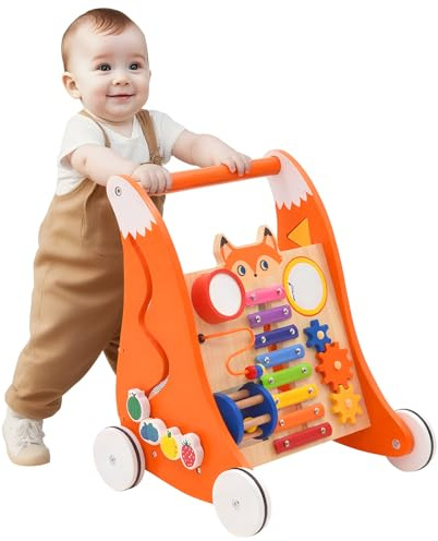 Baby Push & Pull Lauflernspielzeug, laufhilfe für baby ab 1 jahr– Holzspielzeug mit Musik und Formsortierer, Montessori-Multifunktionsspielzeug,Lauflernwagen holz, Geschenk für Jungen und Mädc
