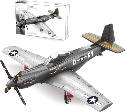 TOY PLAYER 258PCS Flugzeug Klemmbausteine,WW2 P-51 Mustang Kampfflugzeug Bausteinset,Militär Kampfflugzeug Luftwaffe Eurofighter Kampfjet Flugzeug Modellbausatz Kompatibel mit Berühmt Marken Bausteine
