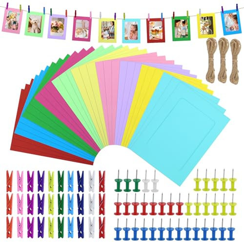 EMMALOUISESMITH 30 Pezzi cornici portafoto in cartone, cmcornici di Carta Kraft per Foto DIY, Cornice per Foto in Carta Kraft con Clip in Legno e Corda di Canapa Set per casa, scuola, ufficio
