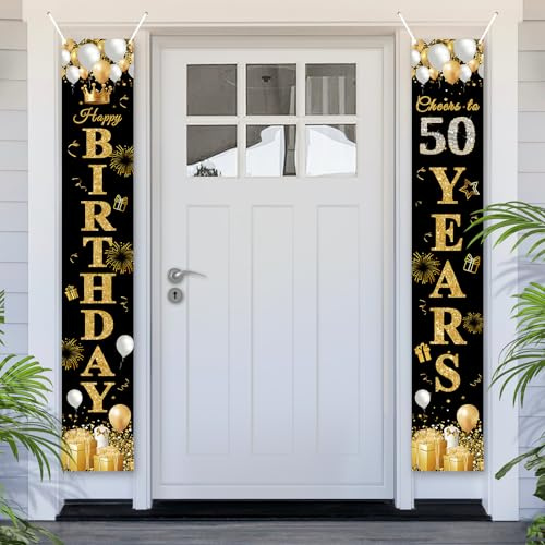 PartyYaa 50. Geburtstagsbanner, 50. Geburtstag Tür Banner Deko, Happy Birthday Banner Party Fotoautomaten Hintergrund Deko Schild Poster für Männer und Frauen (Schwarz Gold)