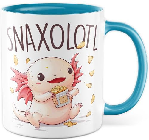 Snacks Tasse mit Spruch – Geschenk Snaxolotl – Kaffeetasse 330ml aus Keramik – Axolotl Snacking Tier Biologie Humor Wortspiel Freundin Kollege Kaffee-Becher