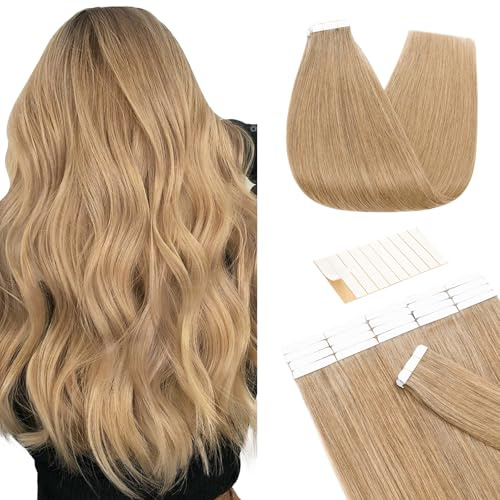 TESS Invisible Tape in Hair Extensions Real Human Hair 20PCS Hair Loss Cover or Highlights Reusable Glue Tape Hair Pieces for Women UK #27 Dark Blonde 22 Inch 50g