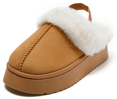 JOMIX Pantofole Donna Invernali con Cinturino Posteriore Ciabatte Pelose Calde in Stoffa Scamosciata con Pelliccia Morbida Slippers da Casa per Inverno Suola Antiscivolo PVC WPW255141 Camel 36/37