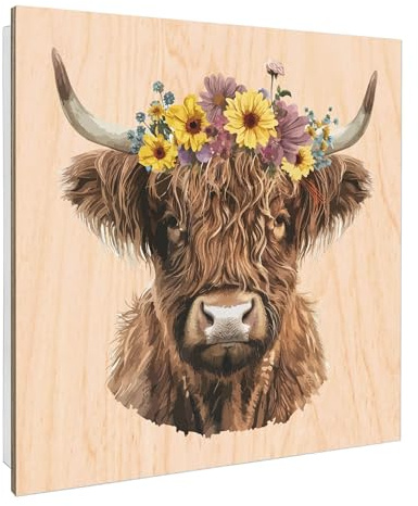 banjado Design Schlüsselkasten Holz für 50 Schlüssel - Schlüsselbox mit bedruckter Holzfront - Korpus weiß Scharnier Links 30 x 30cm groß - Schlüsselaufbewahrung Motiv Blumige Highland-Kuh