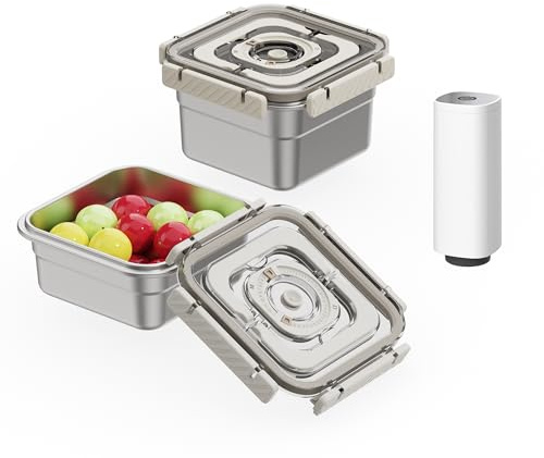 Annalocker Sistema Sottovuoto con Pompa Elettrica - Set da 2 Contenitori in Acciaio Inox (1250ml+1850ml) - Ermetici per Dispensa, Congelatore e Portavivande - BPA Free, Impilabili, per Microonde (D)