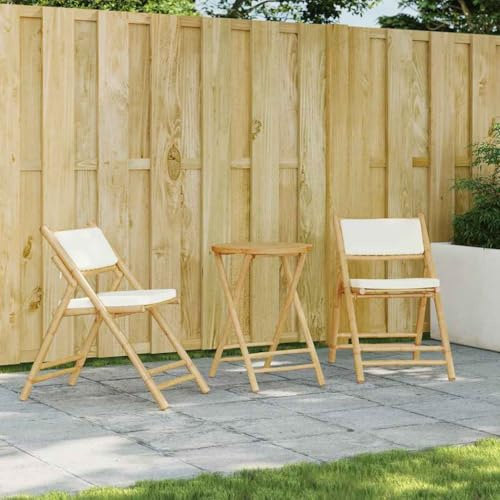 INLIFE 3-TLG. Bistro-Set Klappbar mit Cremeweißen Kissen Bambus,Möbel,Gartenmöbel,Gartenmöbel-Sets,Braun,16.3 KG,365872