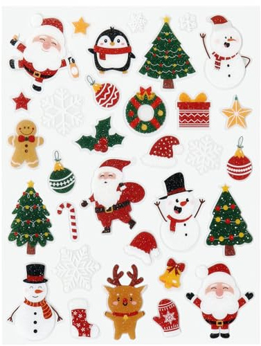 HUKUMA Weihnachts Sticker, 8 Blätter Glitzer Aufkleber Weihnachten, Weihnachtssticker 3d Selbstklebend, Kinder Christmas Stickers Weihnachtsdeko Geschenk für Weihnachtliche Bastelmaterial