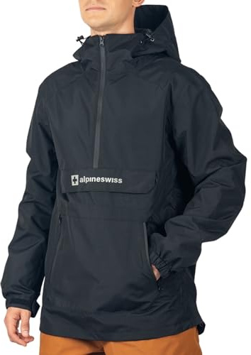 Alpine Swiss Mens Snowboard Jacket 10K Waterproof Hooded Ski Shell Anorak Windproof Pullover Winter Sport Coat BLK SML