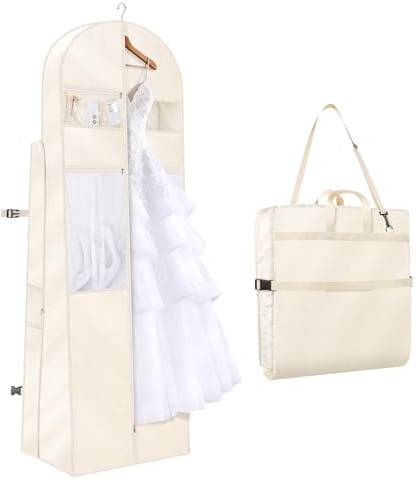 KEEGH Kleidersack Lang 182x60x30 cm, Faltbare Kleidersäcke Brautkleid | Atmungsaktive Oxford Kleiderhülle mit Griffen & Großen Netztaschen für Brautkleid, Mäntel für Reise & Aufbewahrung, Beige