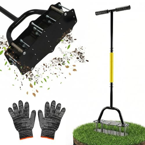 Nymblis Lawn Aerator, Manual Aerator Lawn Tool with Solid Spikes, Pre-Assemble Lawn Aerator Scarifiers with Padded T-Handle and Gloves, for Yards, Lawn and Garden