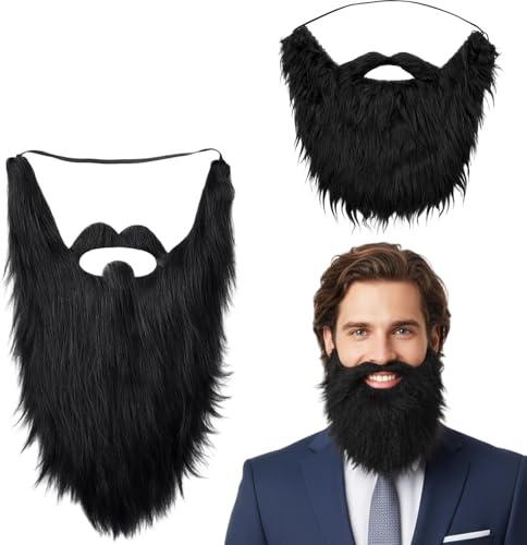 2 Stück 24/40 cm Schwarz Fake Bart, Falsche Bärte zum Ankleben, Fake Beard Kunstbart Vollbart, Zwergenbart Kostüm Zubehör für Erwachsene, Schnurrbart für Party Karneval Cosplay Halloween