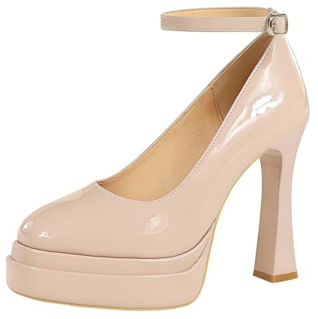 Lackerat läder läder dam pumps 11,5 cm bred klack för kontor och kväll, Naken Rosa, 34 EU